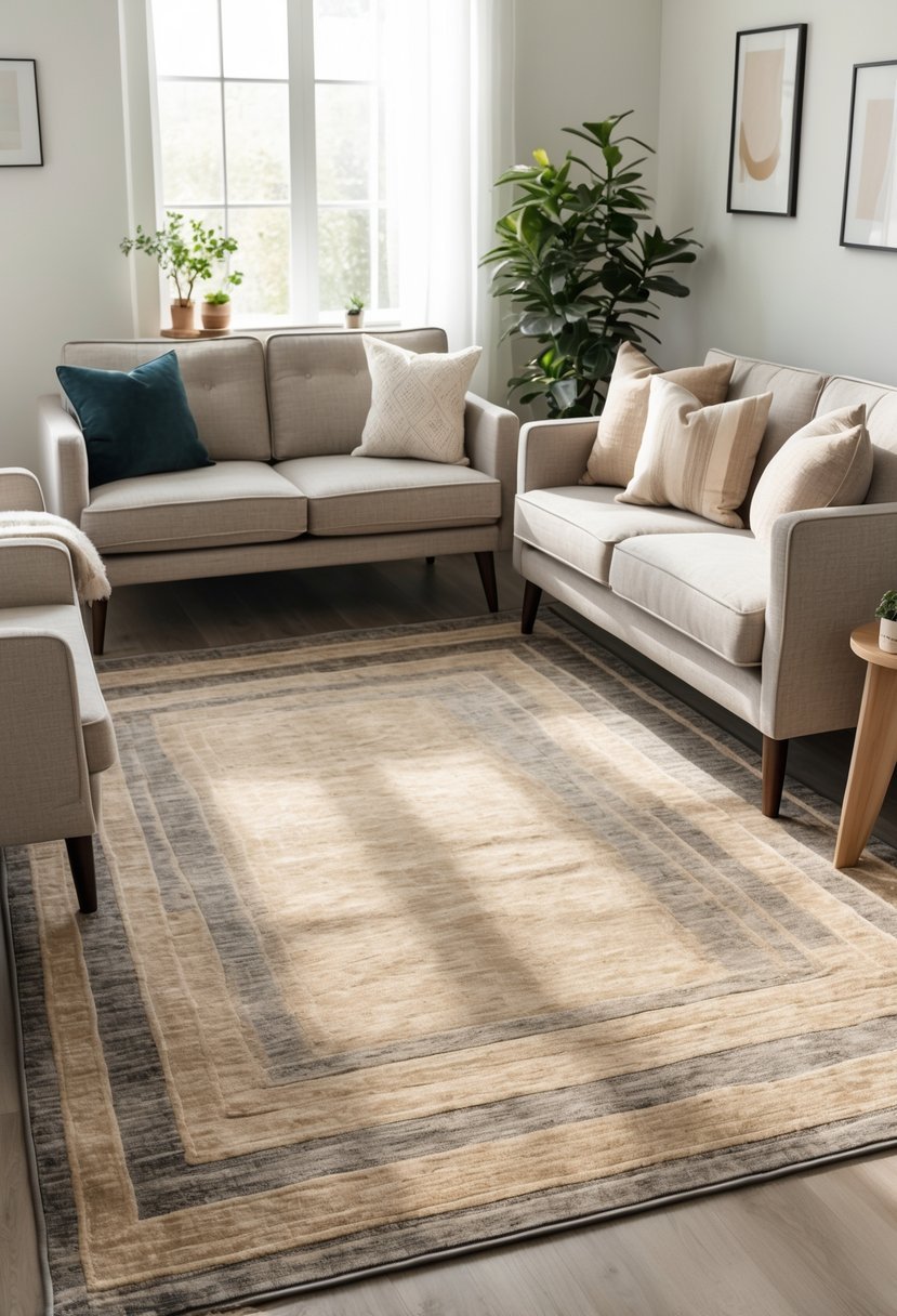 Small living room with a large rug unifying a sofa, armchairs, and coffee table in a cozy seating area.
