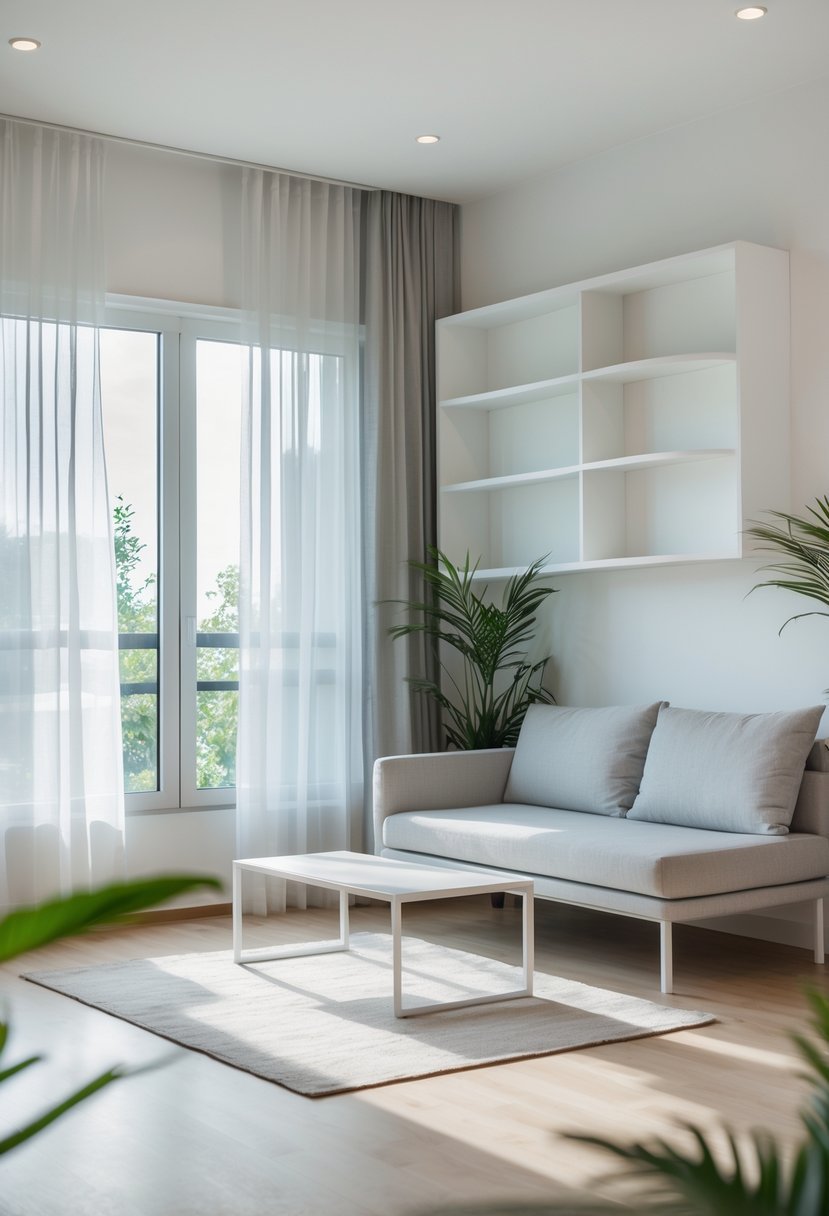 A small living room with slim furniture, natural light, and plants creating an open and uncluttered space.
