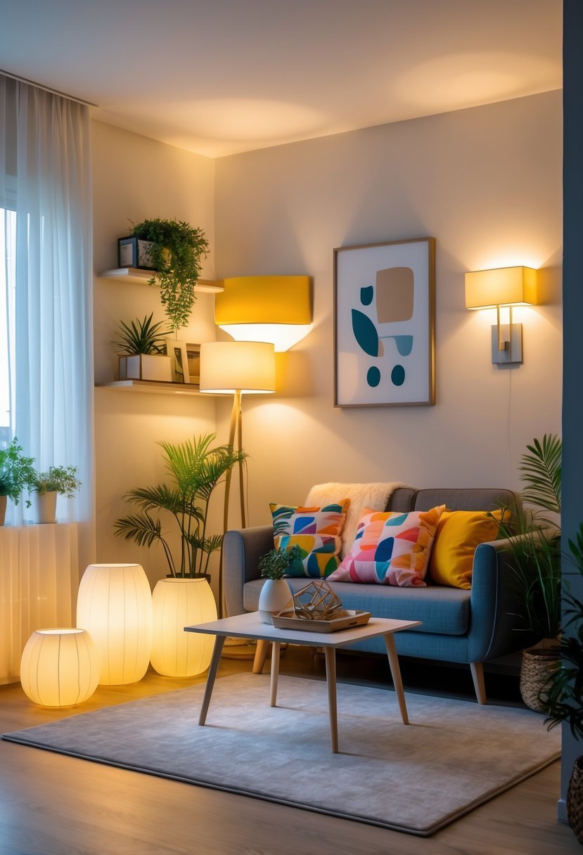 A small living room with a sofa, coffee table, floor lamps, wall sconces, and decorative plants, all softly illuminated.