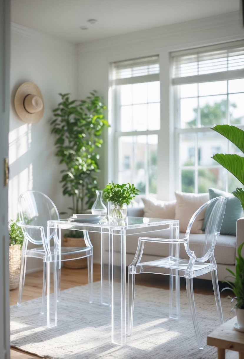 A small living room with transparent acrylic chairs and a clear acrylic table, bright natural light, and minimal decor.