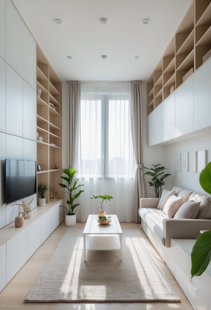 Small living room with built-in storage cabinets hiding clutter, a sofa, coffee table, plants, and natural light from a window.