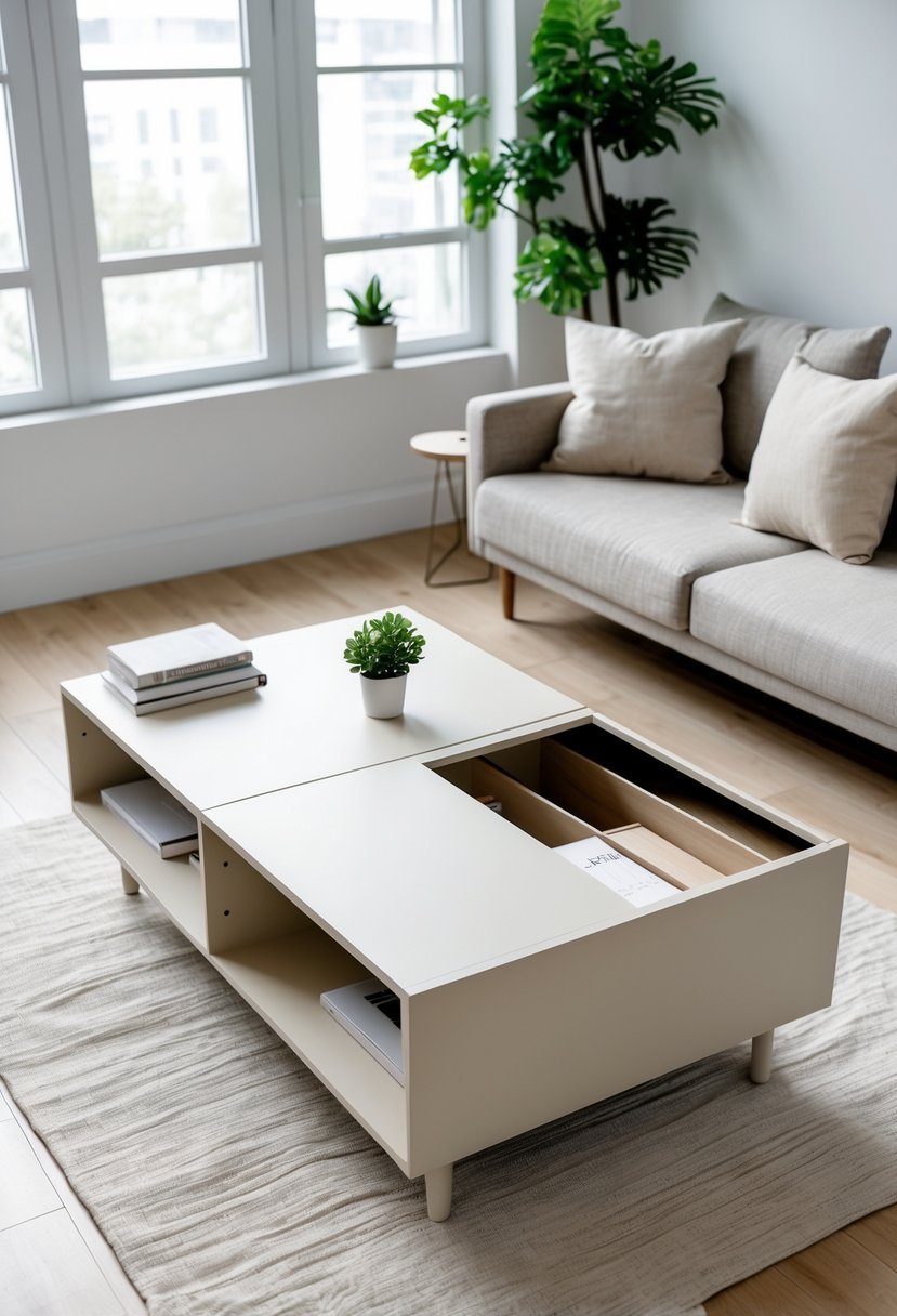 A small living room with a minimalist coffee table featuring hidden compartments, a sofa, a rug, and natural light coming through windows.