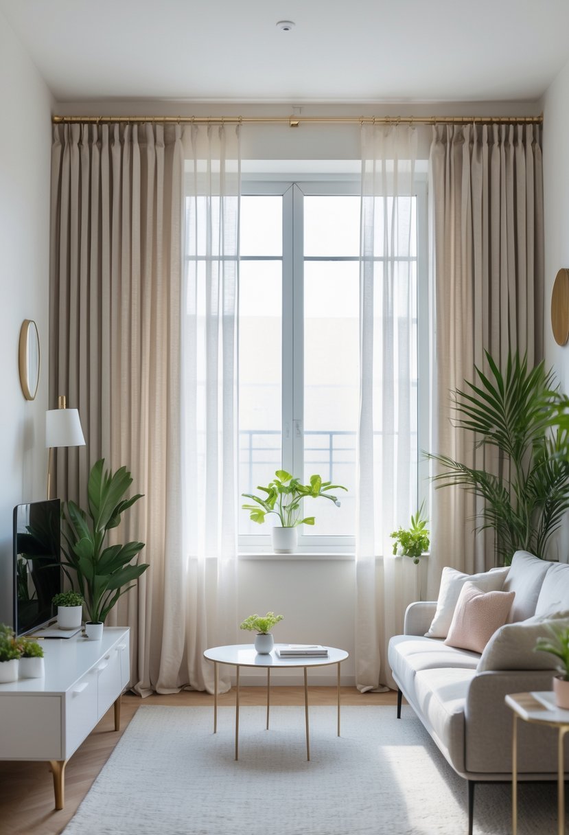 A small living room with curtains mounted close to the ceiling above a large window, letting in natural light and making the space feel taller and more open.