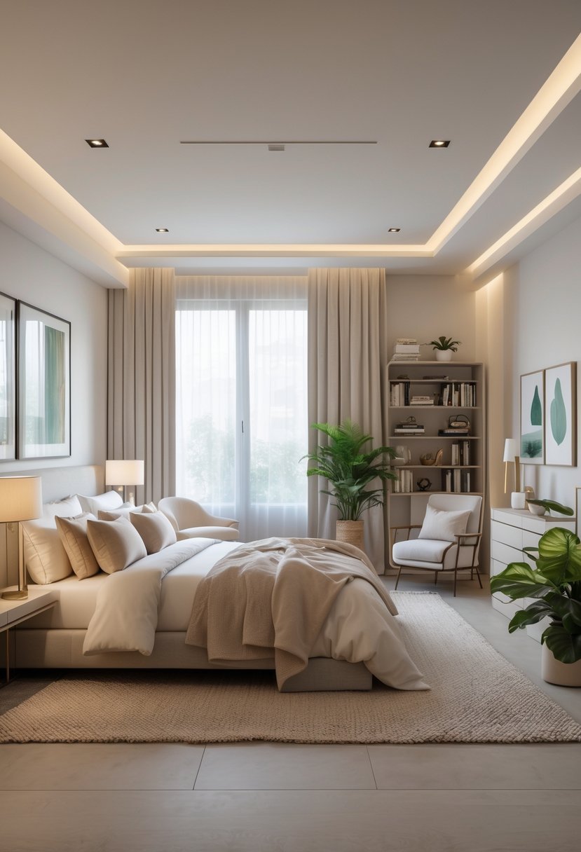 A bright and inviting bedroom with a large bed, bedside tables, an armchair, bookshelf, plants, and natural light coming through windows.