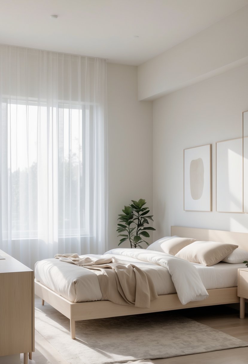 A bedroom with a neatly made bed, light wood furniture, large windows with sheer curtains, and a small plant on the floor.