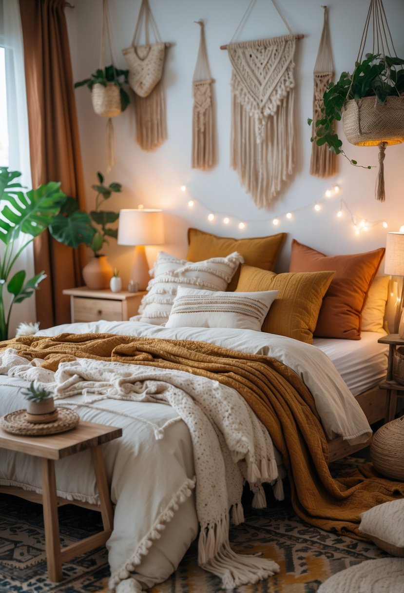 A bedroom with a bed covered in multiple pillows and blankets, wooden furniture, plants, and soft lighting creating a warm and inviting atmosphere.