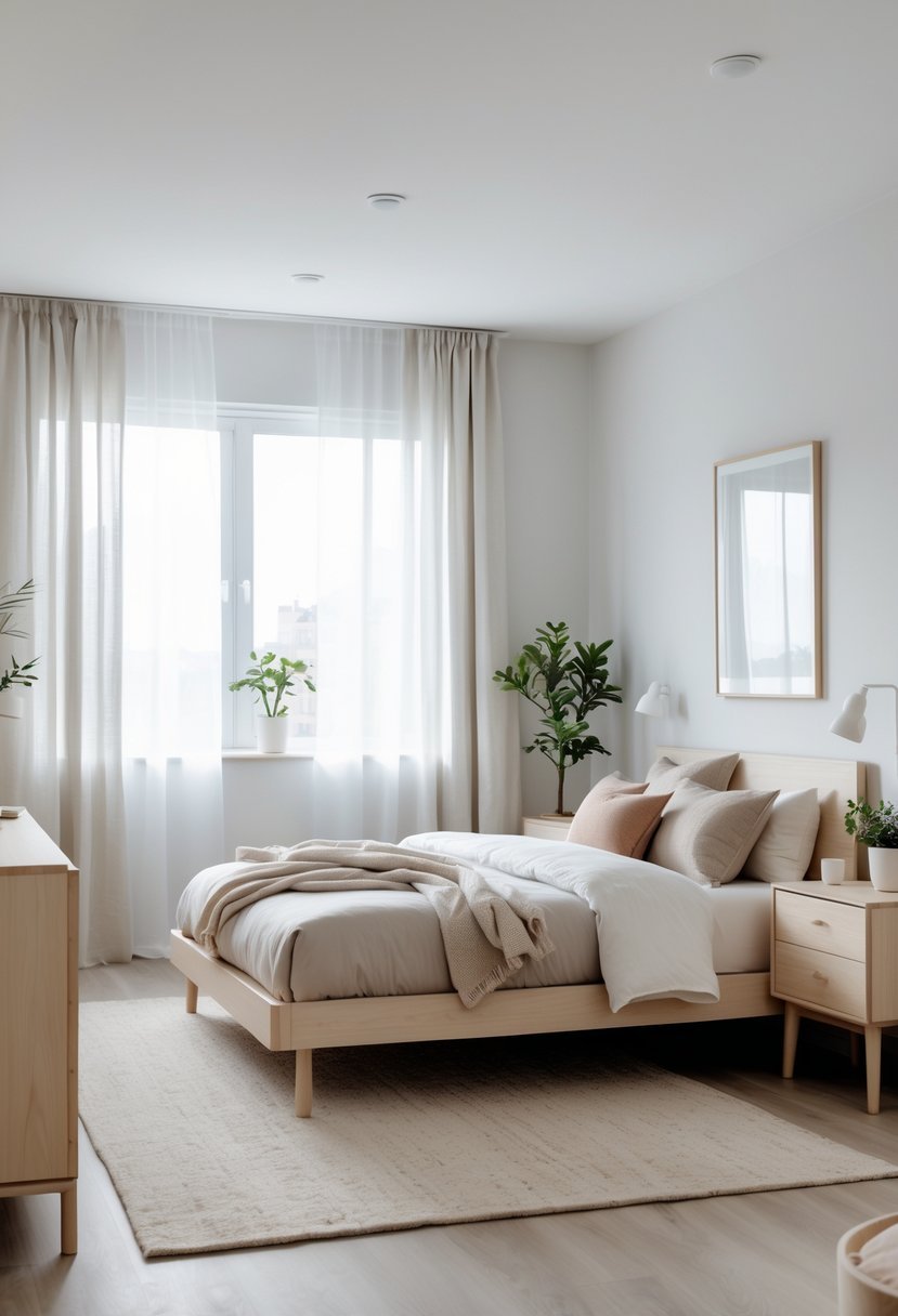 A bright bedroom with a bed, light wood furniture, soft pillows, a plant, and natural light coming through large windows.