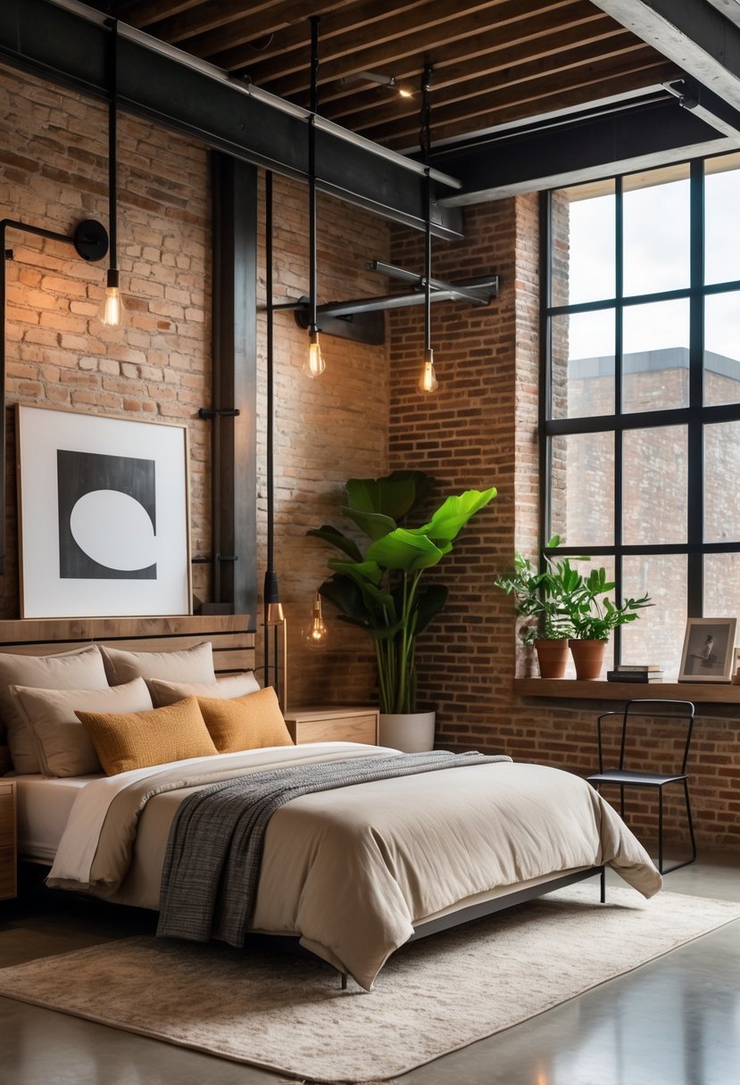 A bedroom with a bed, exposed brick walls, metal furniture, and natural light coming through large windows.