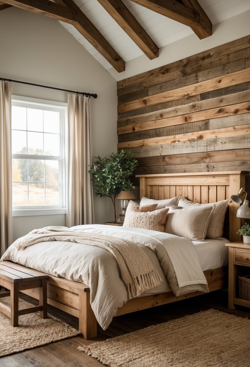 A bedroom with a wooden bed, nightstand, window, and natural light creating a warm and inviting atmosphere.