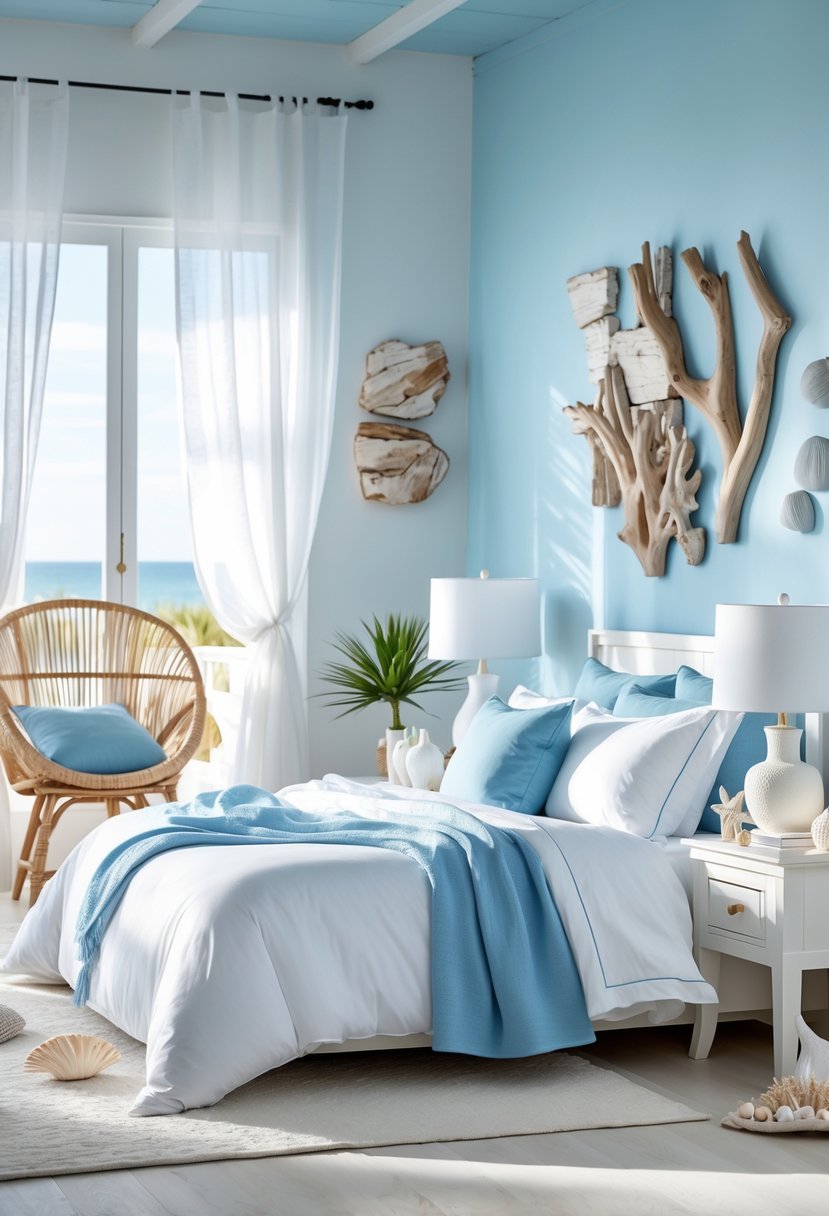 A bedroom with a neatly made bed, soft blue and white bedding, natural light from a window with sheer curtains, a rattan chair, and beach-themed decorations.