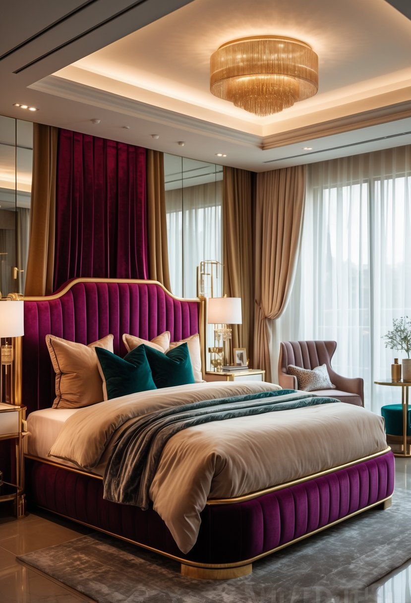 A bedroom with a large upholstered bed, bedside tables, soft lighting, and a window with curtains.