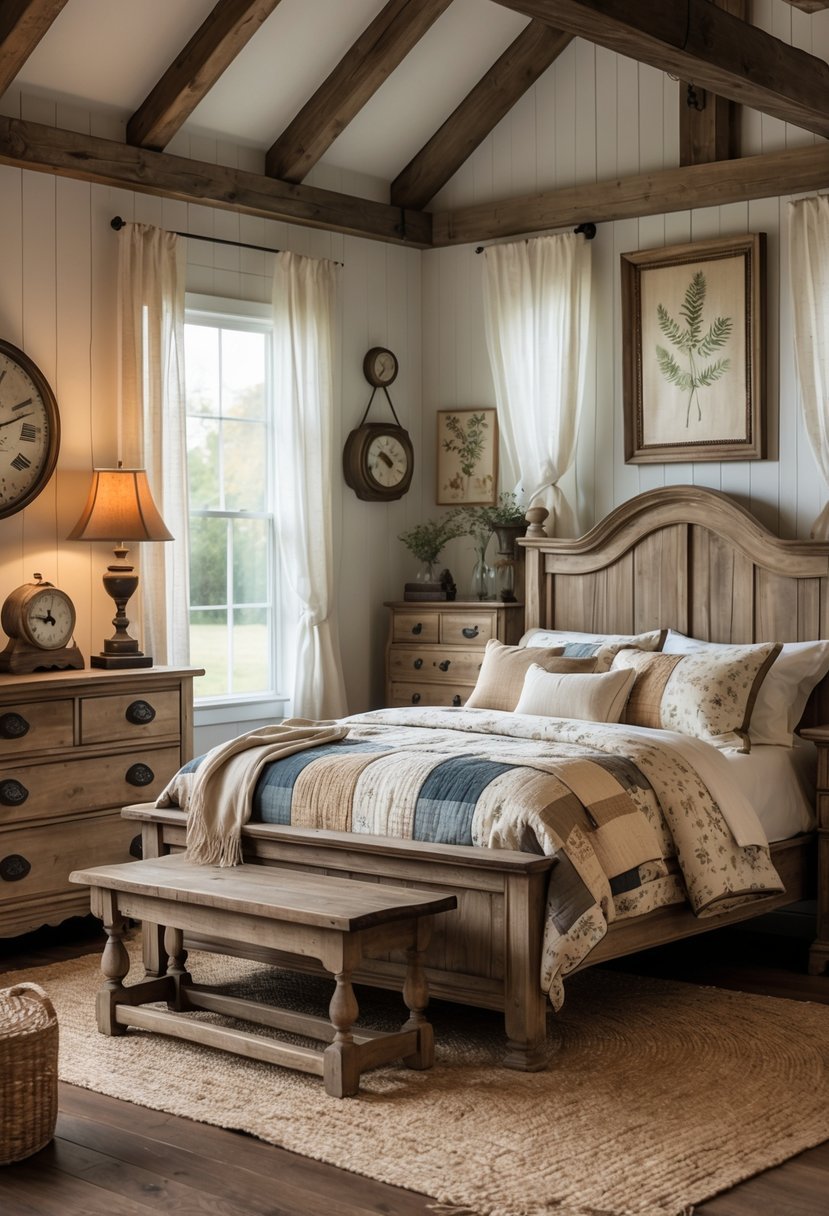 A cozy bedroom with a wooden bed, bedside table, vintage dresser, and soft natural light coming through sheer curtains.