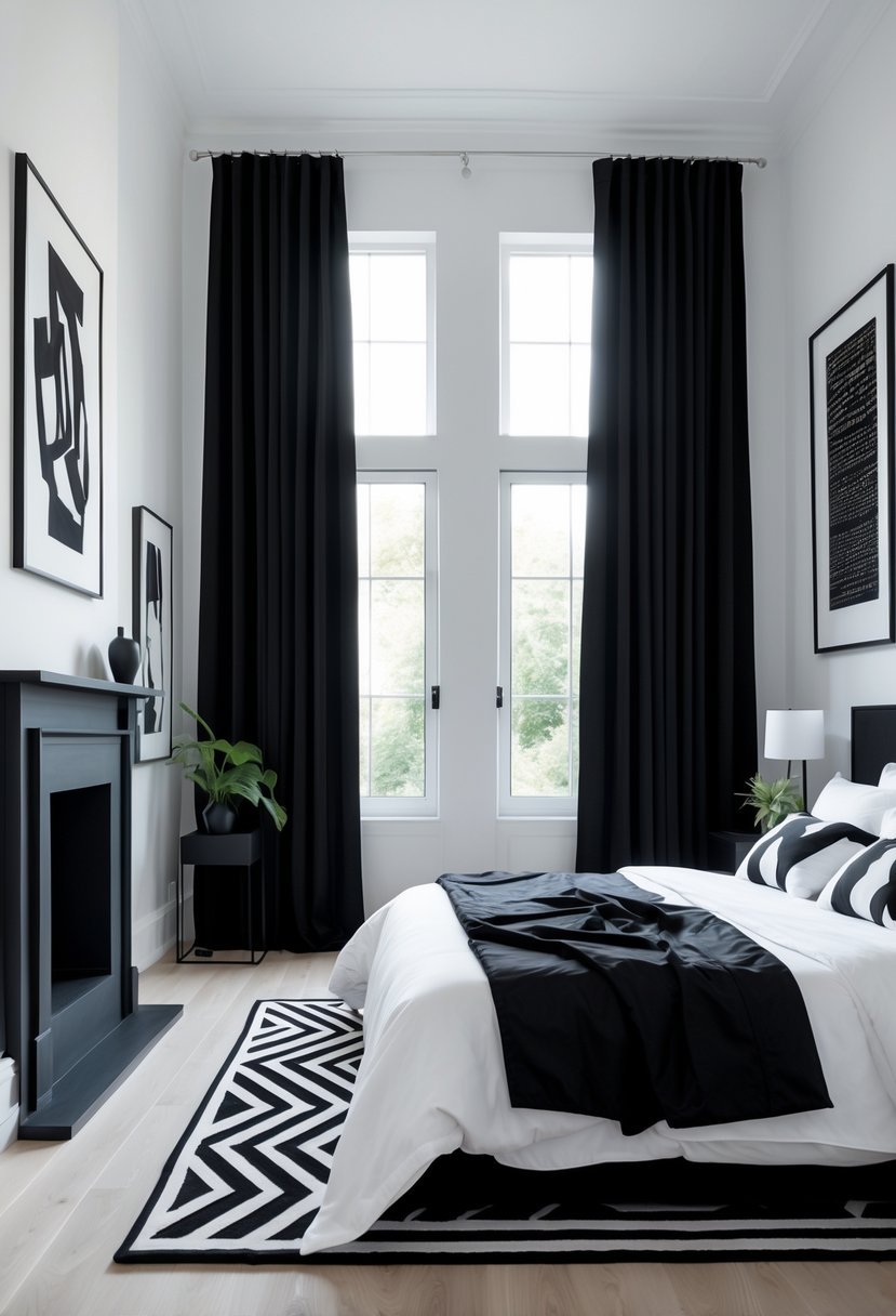 A bedroom with a bed, bedside table, lamp, artwork on the wall, and large windows letting in natural light.