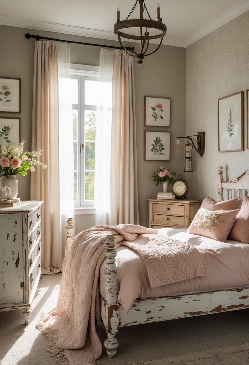 A cozy bedroom with a neatly made bed, distressed wooden furniture, soft natural light, and decorative items arranged around the room.