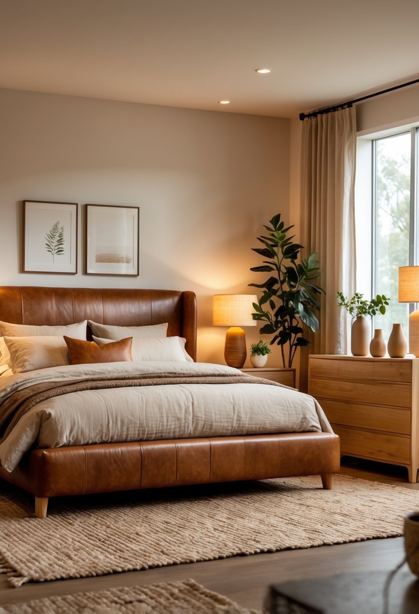 A cozy bedroom with a leather headboard bed, wooden furniture, soft bedding, and warm lighting.