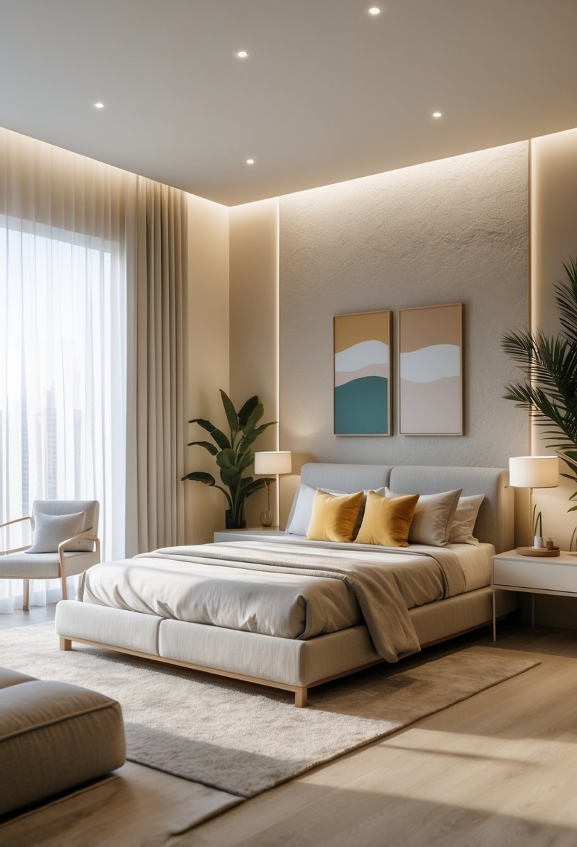 A bright bedroom with a large bed, bedside tables, a chair, and a plant near windows letting in natural light.