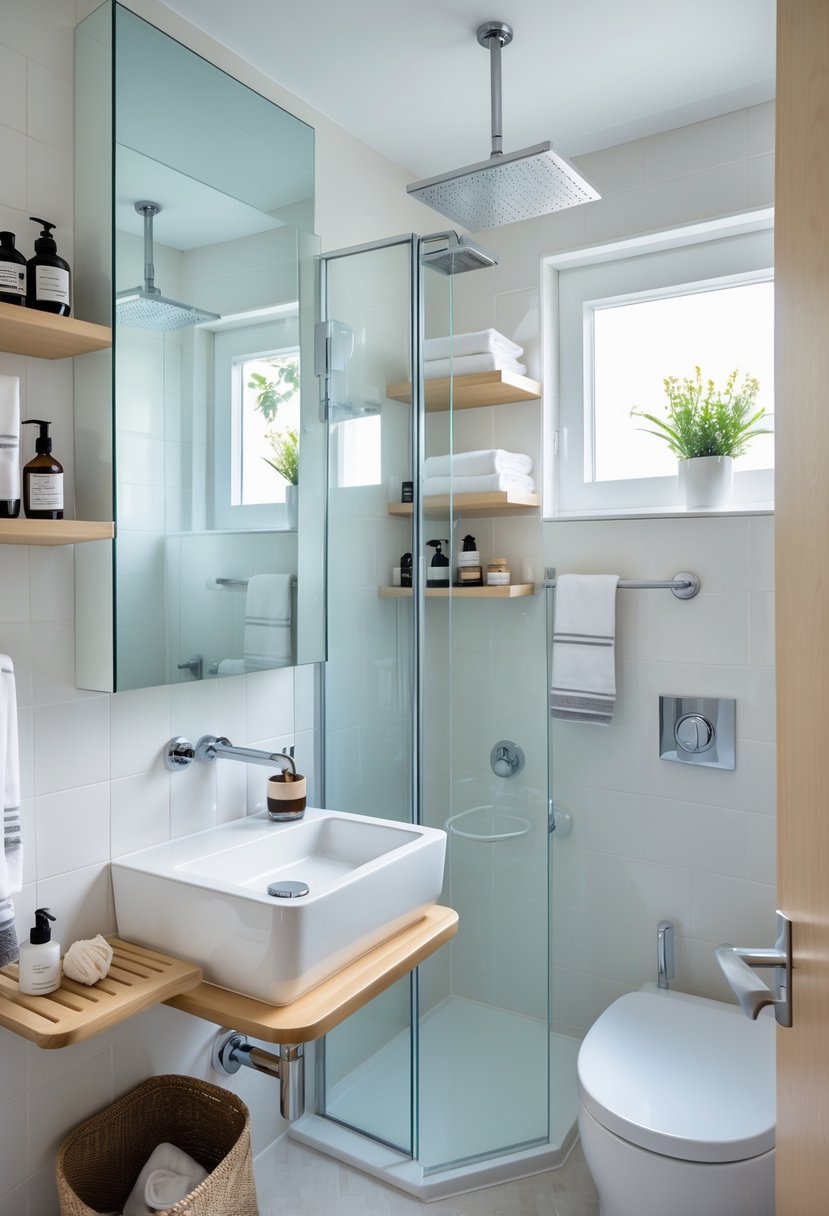 A small bathroom with a wall-mounted sink, corner shower, floating shelves, and organized storage, well-lit with natural light.