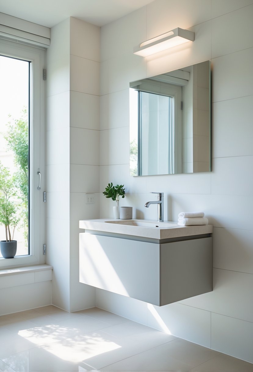 Small bathroom with a floating vanity mounted on the wall, open floor space underneath, and natural light coming through a window.