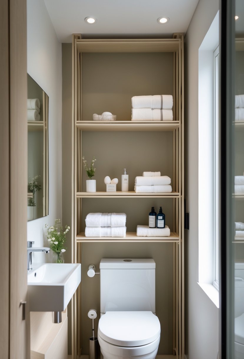 Small bathroom with over-the-toilet shelving holding towels and toiletries above a white toilet.