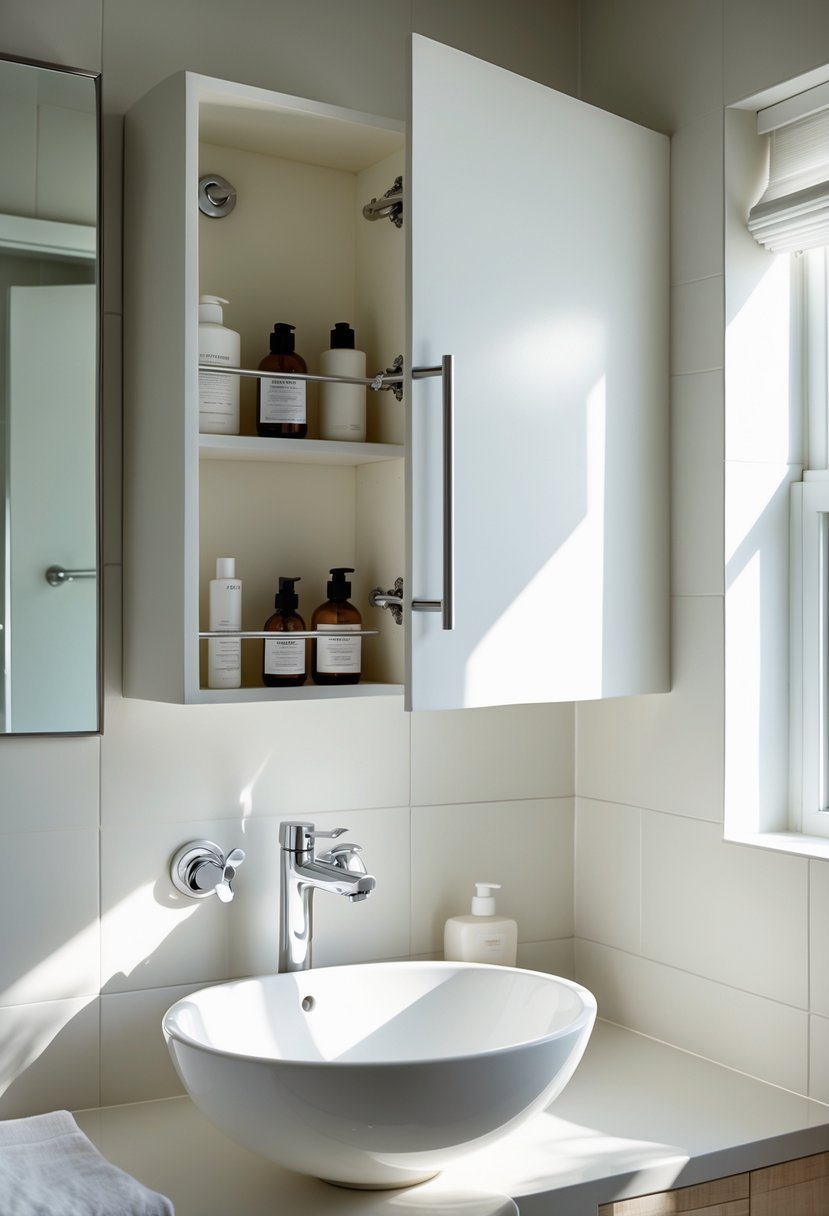 A small bathroom with a recessed medicine cabinet open above a white sink, showing organized toiletries and a clean countertop.