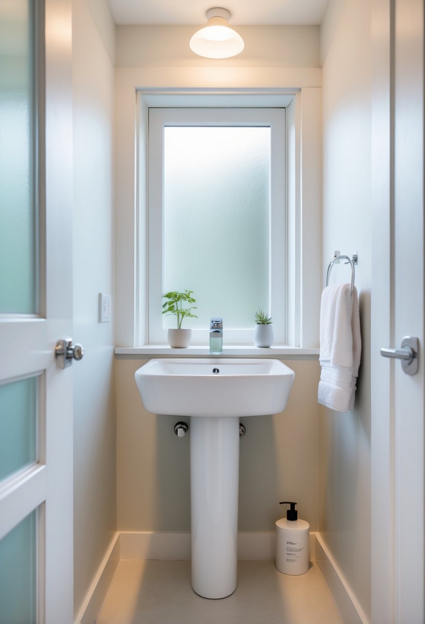 Small bathroom with a white pedestal sink, natural light, and minimal decor.