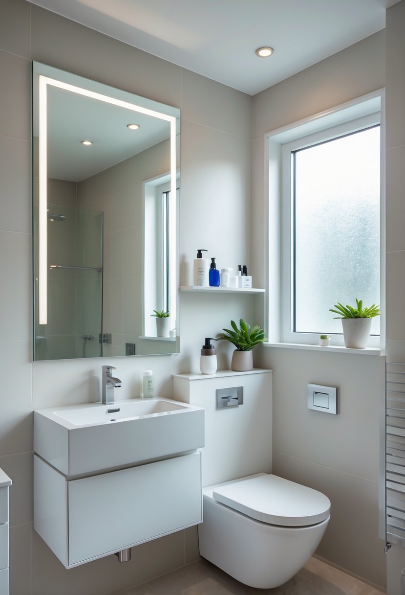 Small bathroom with large mirrors, a white vanity, and natural light creating a bright and spacious feel.