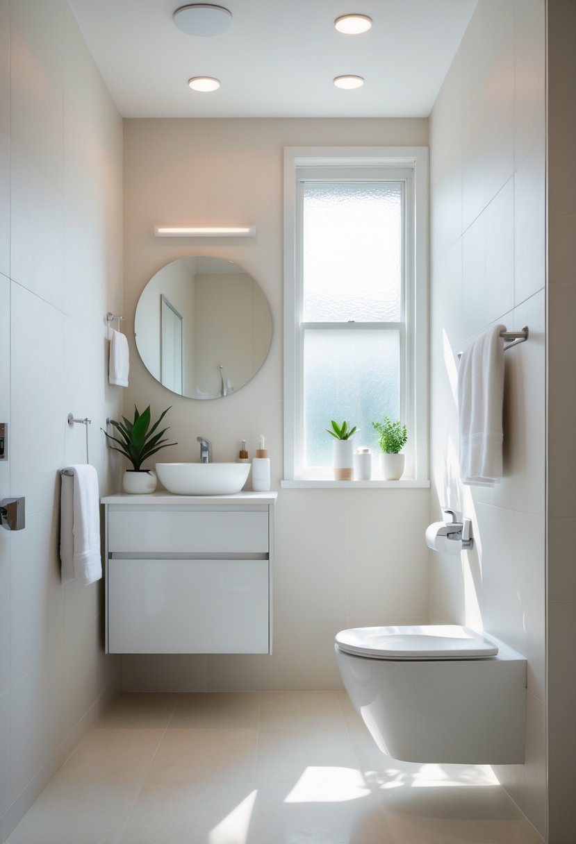 A small bathroom with light neutral-colored walls, a white vanity, a mirror, and natural light coming through a window.