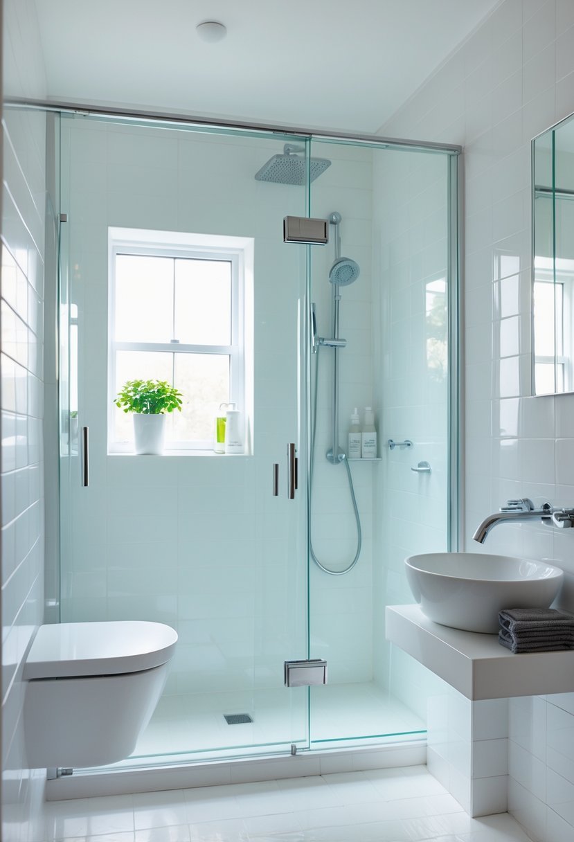Small bathroom with clear glass shower doors, a compact vanity, and natural light coming through a window.