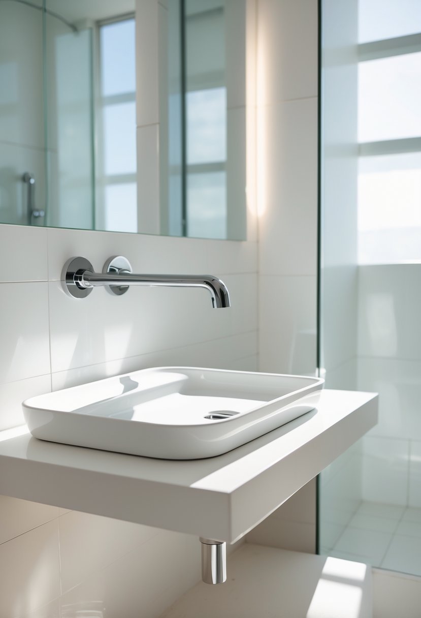 Small bathroom with a wall-mounted faucet above a white sink and a clear countertop.