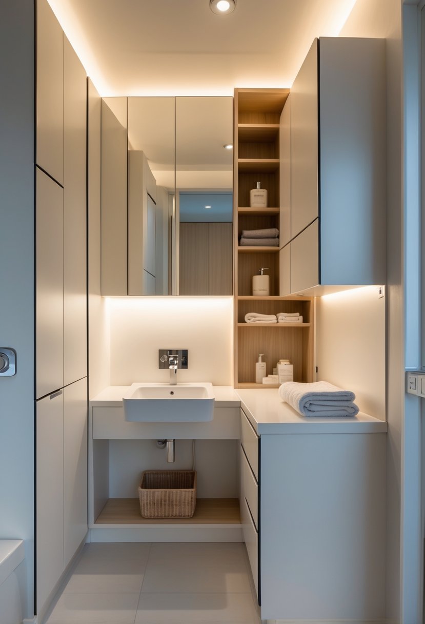 A small bathroom with tall cabinets providing vertical storage, a sink with a mirror, and neatly organized toiletries.