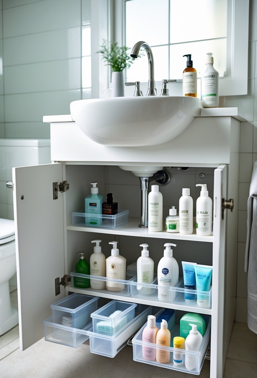 A small bathroom with an open under-sink cabinet showing neatly organized toiletries in clear bins and drawers.