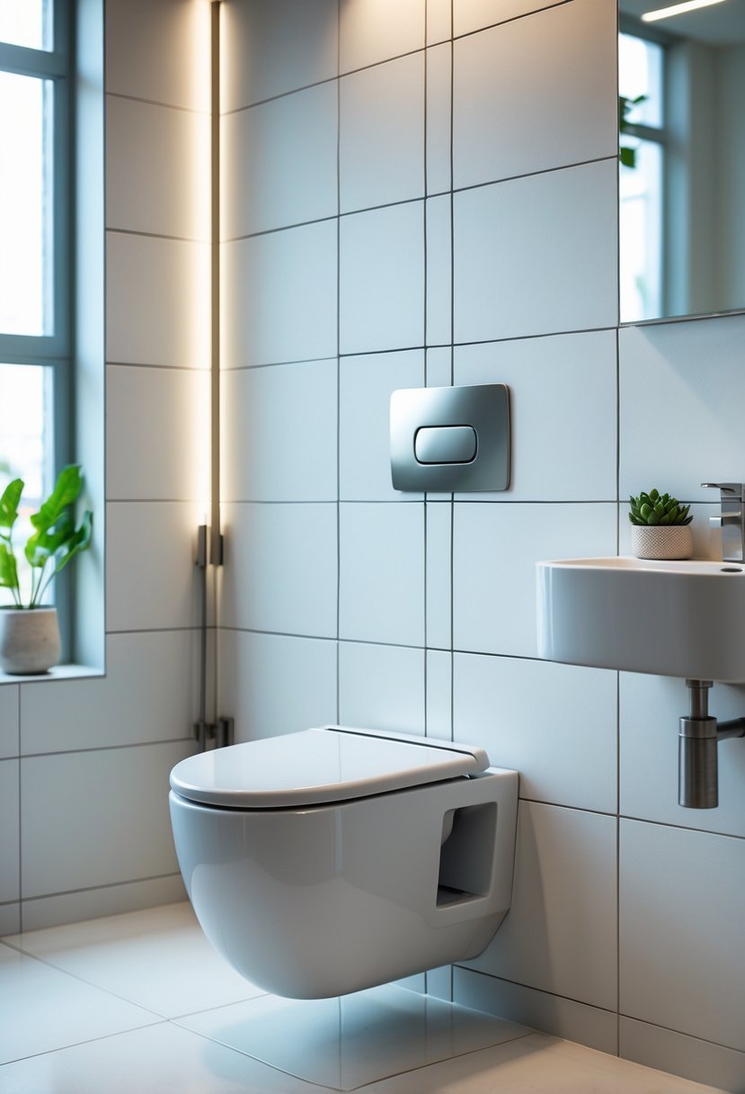Small bathroom with a compact wall-hung toilet, floating vanity, and clean tiled walls and floor.