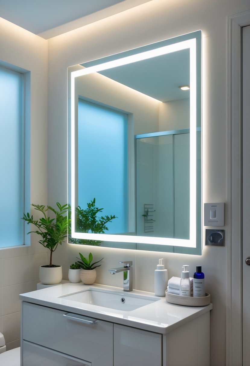 Small bathroom with a mirror surrounded by LED lights, a white vanity, and a small plant.