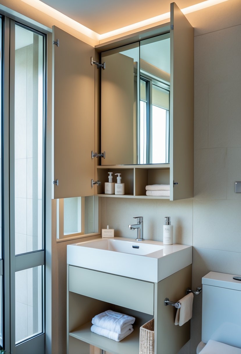 Small bathroom with a mirror cabinet featuring hidden storage above the sink and organized toiletries inside.