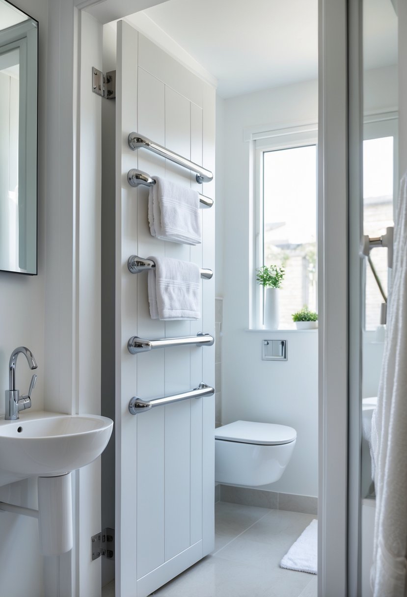 Small bathroom showing towel bars installed on the back of a white door with towels hanging on them.