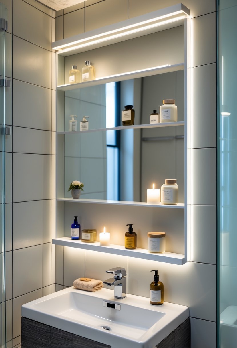 Small bathroom with shallow wall shelves holding toiletries and decorative items above a compact sink.