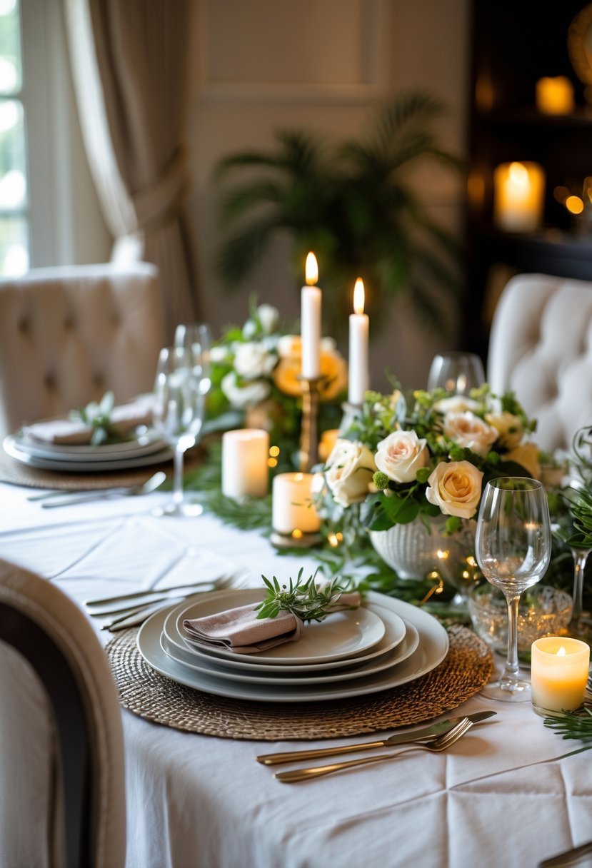 A dining table set with plates, glasses, cutlery, napkins, and floral centerpieces ready for a meal.