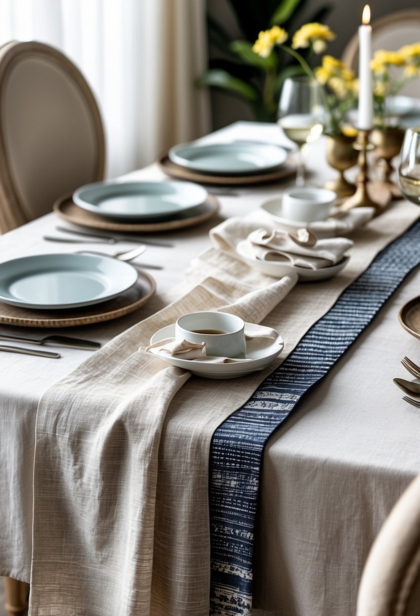 Dining table with layered table linens and patterned runners arranged with plates and glassware.