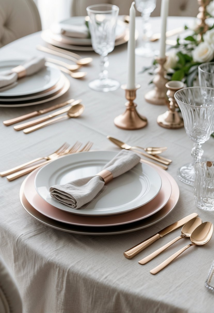 A dining table set with white plates, clear glasses, linen napkins, and a mix of metallic and matte flatware arranged neatly on a neutral tablecloth.