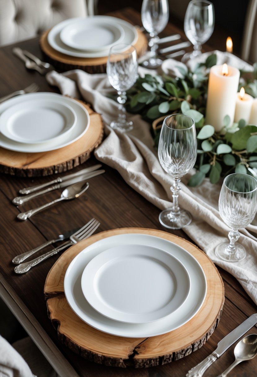 A dining table set with natural wood chargers, white plates, silverware, glasses, and a simple centerpiece with greenery and candles.