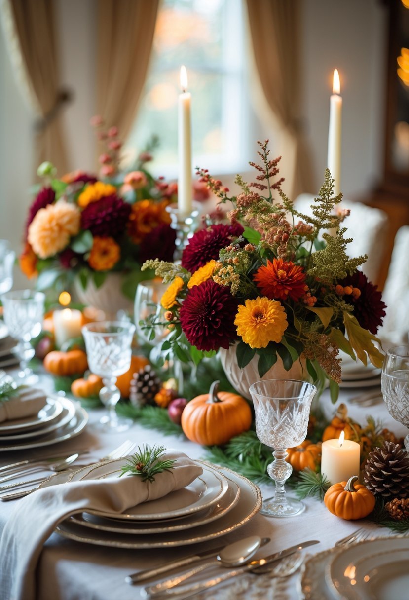 A dining table set with floral centerpieces, plates, glasses, and candles arranged for a meal.