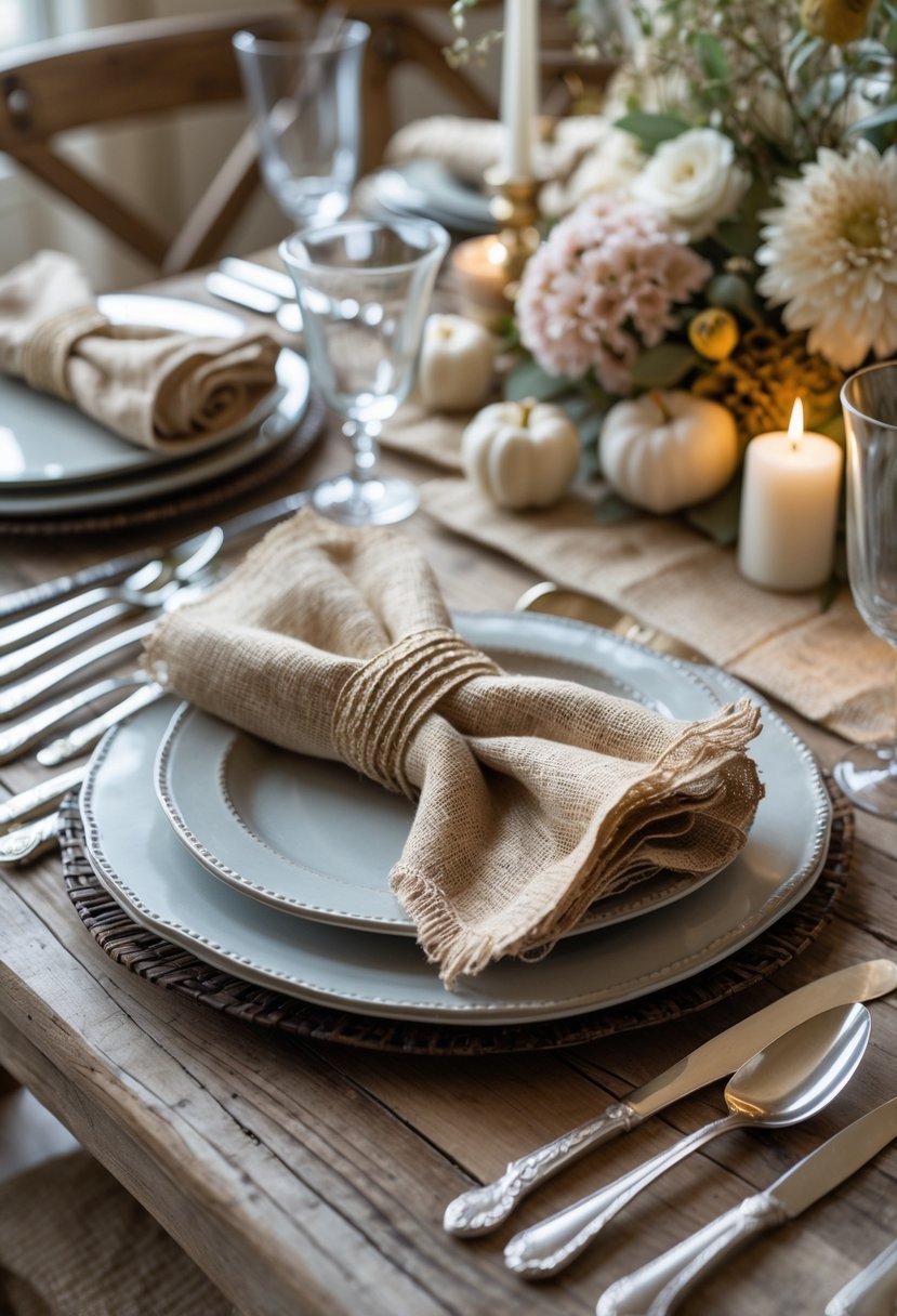 A dining table set with plates, silverware, glasses, and textured linen and burlap napkins, decorated with flowers and candles.