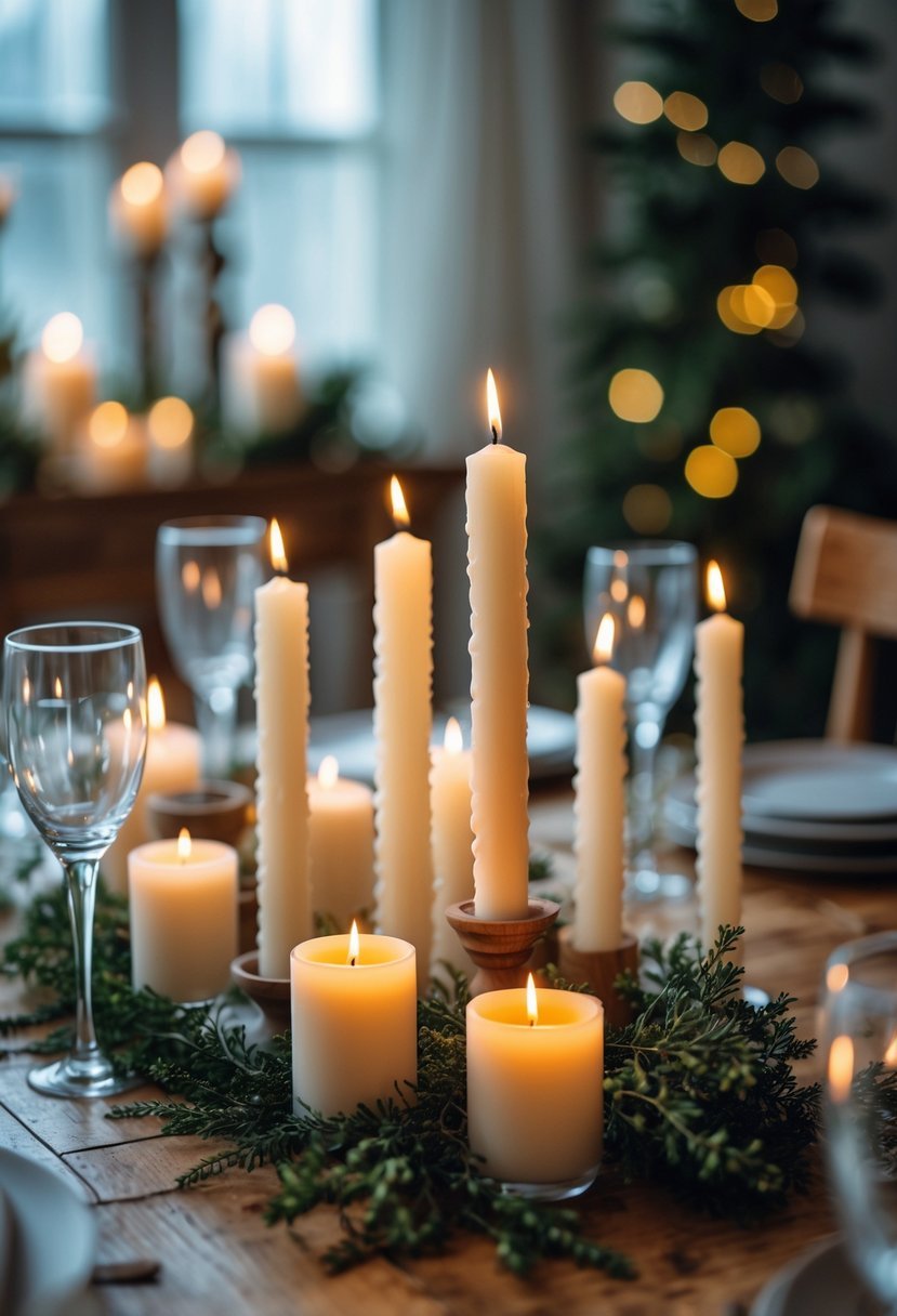 A dining table with a group of candles of different heights arranged together, surrounded by glassware and greenery.