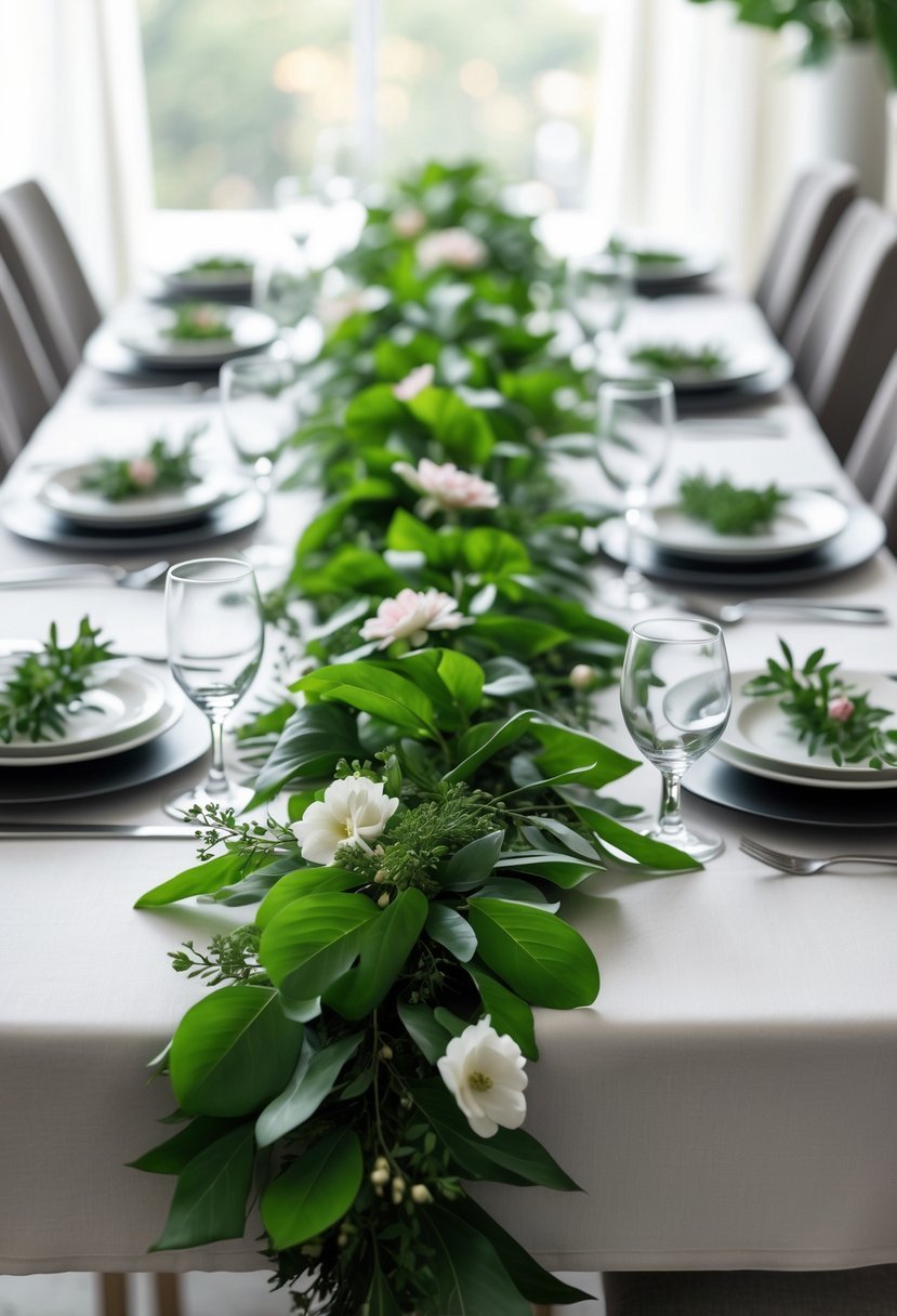 A dining table decorated with green garlands running along its center, set with plates, silverware, and glasses.