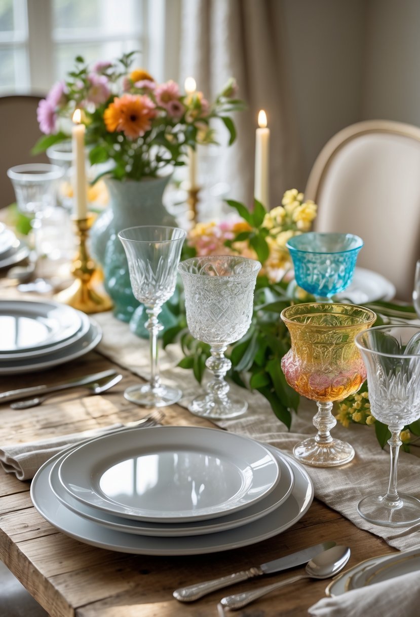 A dining table set with vintage glassware, white plates, silver cutlery, fresh flowers, and linen napkins on a wooden table.