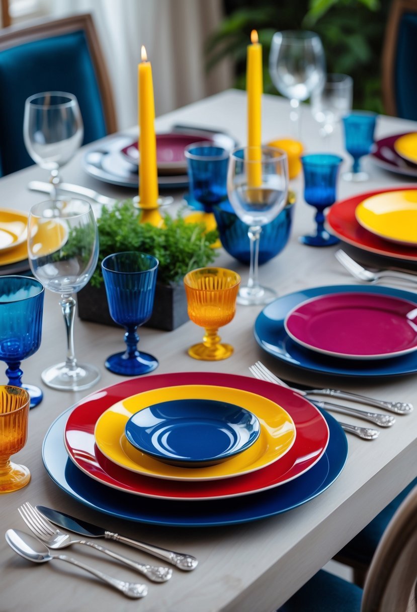 A dining table set with colorful dinner plates, glassware, and silverware, arranged neatly with small decorative centerpieces.