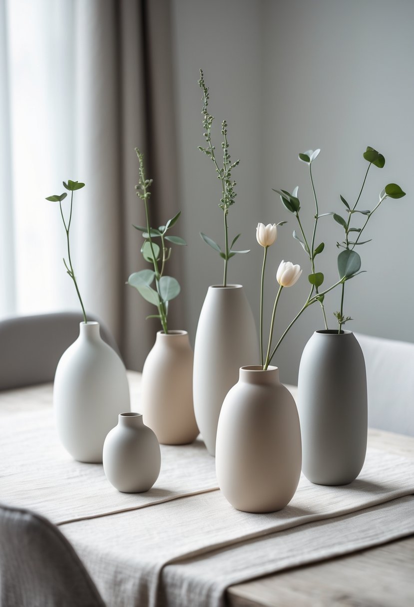 A dining table with several ceramic vases, each holding a single stem with a flower or greenery.
