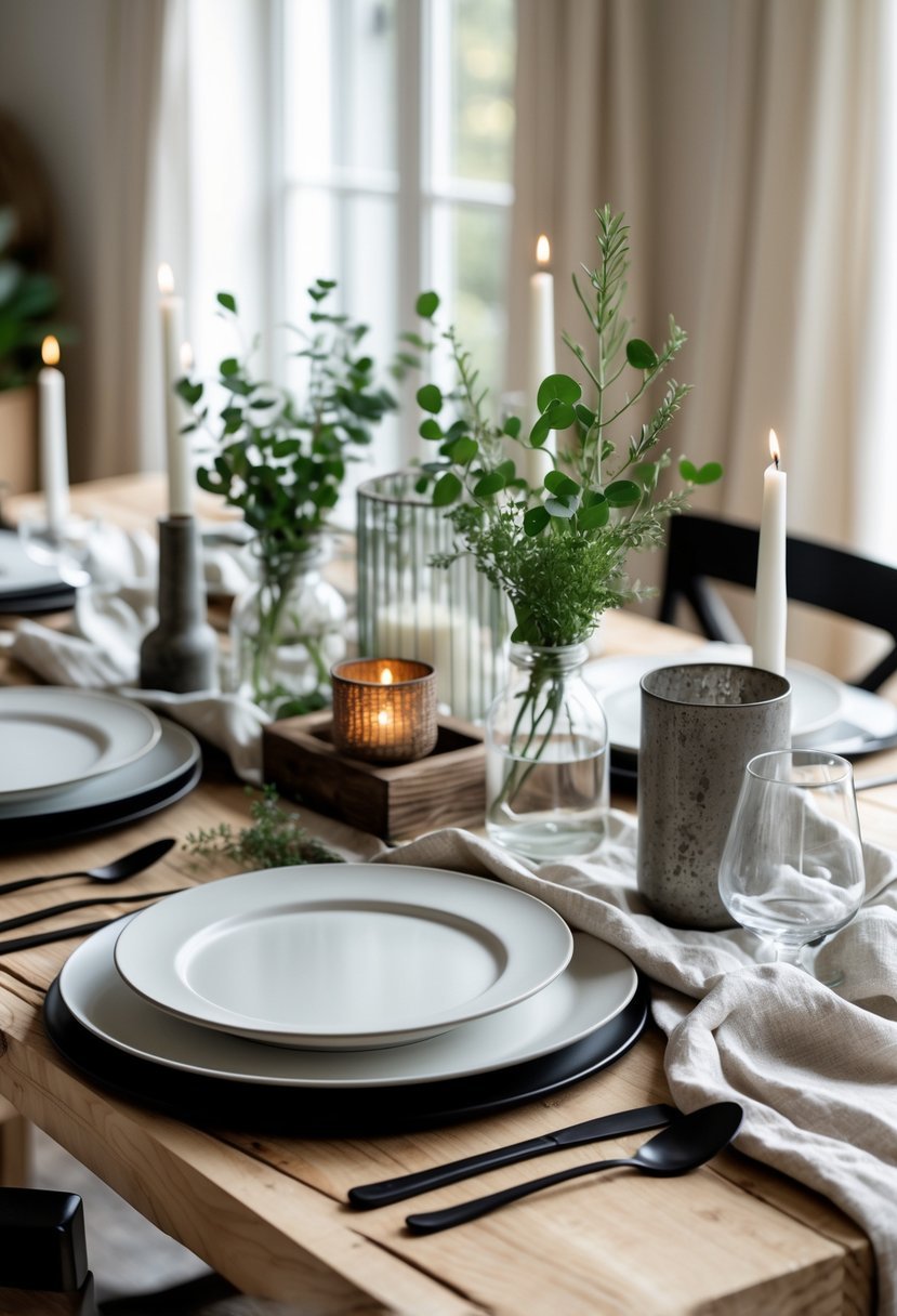 A dining table set for a meal with plates, cutlery, glasses, greenery, candles, and napkins arranged on a wooden table.