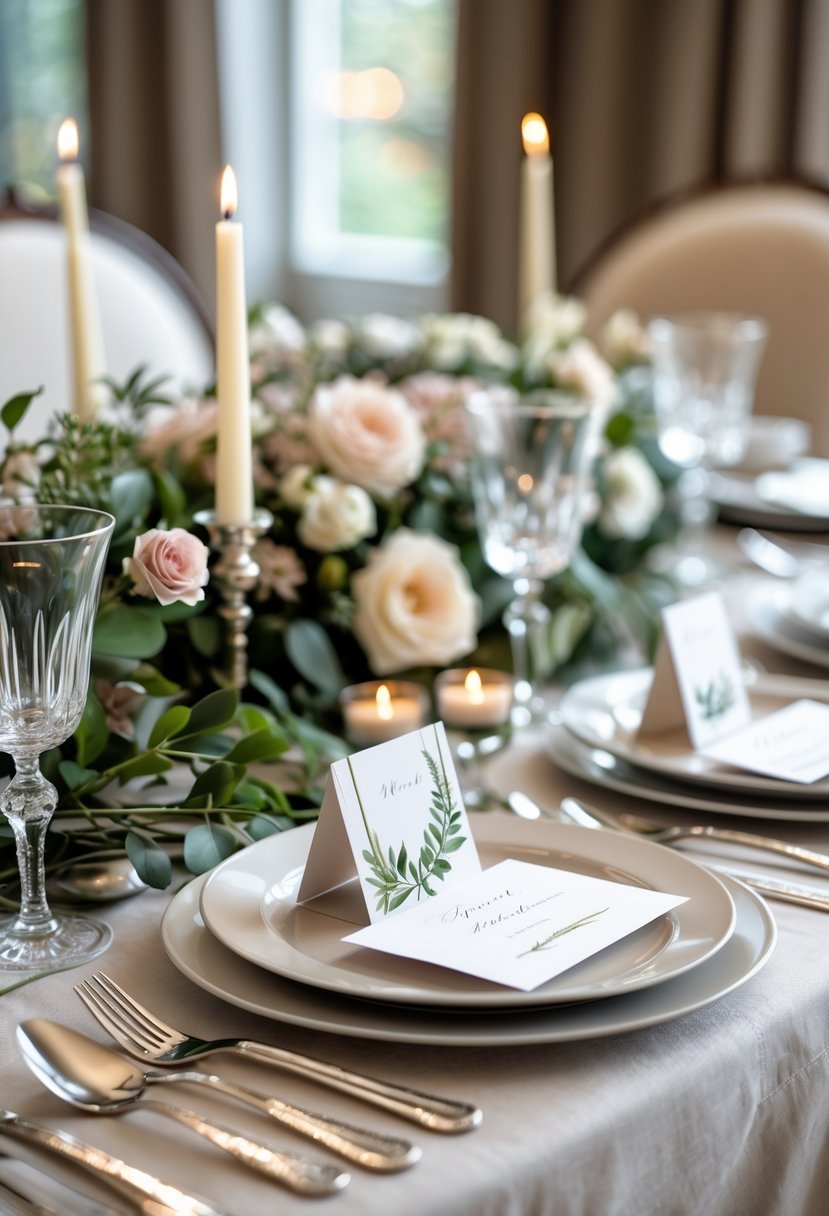 A dining table set with decorative place cards, floral centerpiece, candles, and elegant tableware.
