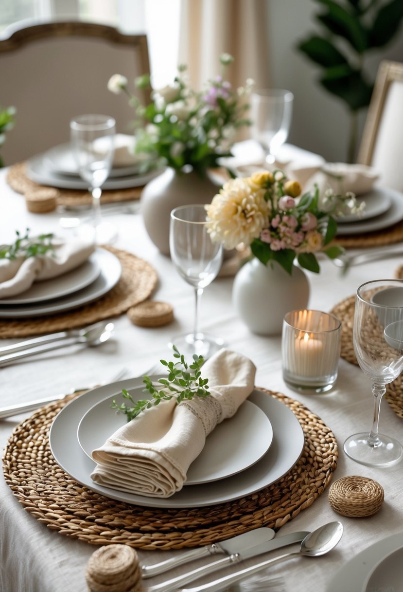 A dining table set with woven placemats, dinnerware, glassware, and a vase of flowers.